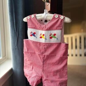 LIKE NEW Smocked Red Gingham Airplane Overalls size 9m
